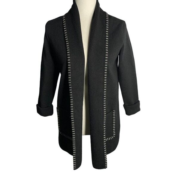 Magaschoni Open Front Cardigan Sweater S Black Knit Pockets Blanket Stitch Trim - Picture 1 of 6